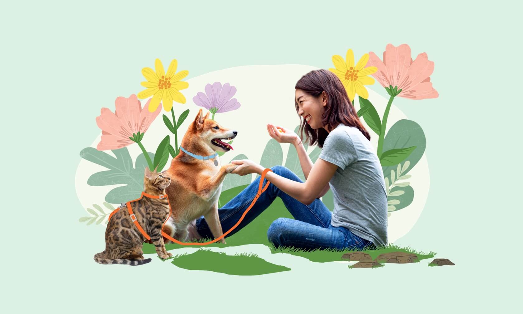 Woman sitting in field with dog