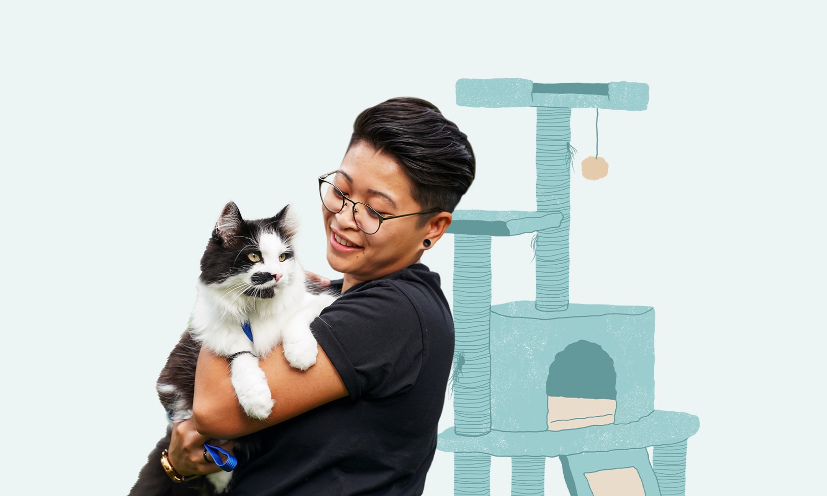 Woman holding cat affectionately.