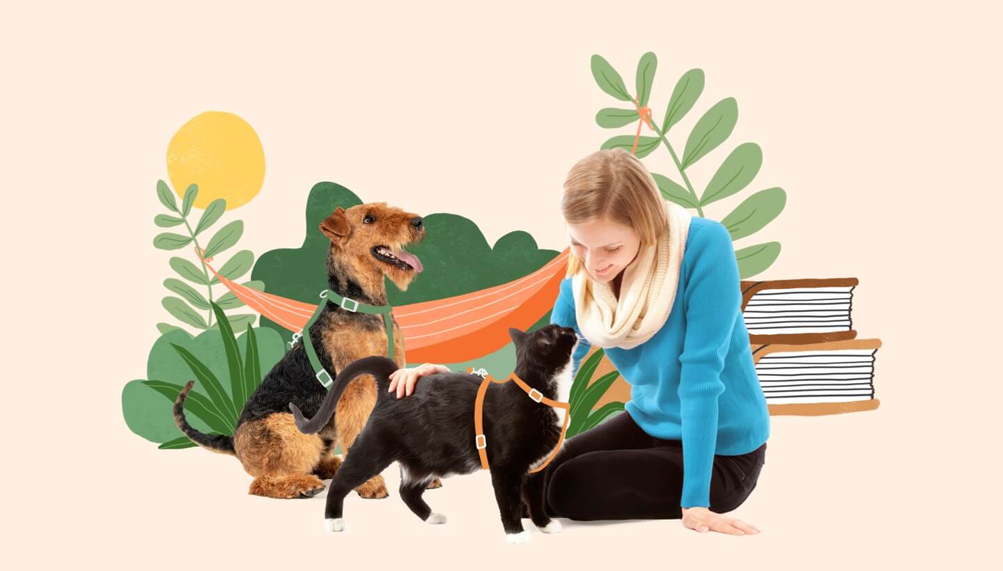 Woman sitting with dog and cat on grass